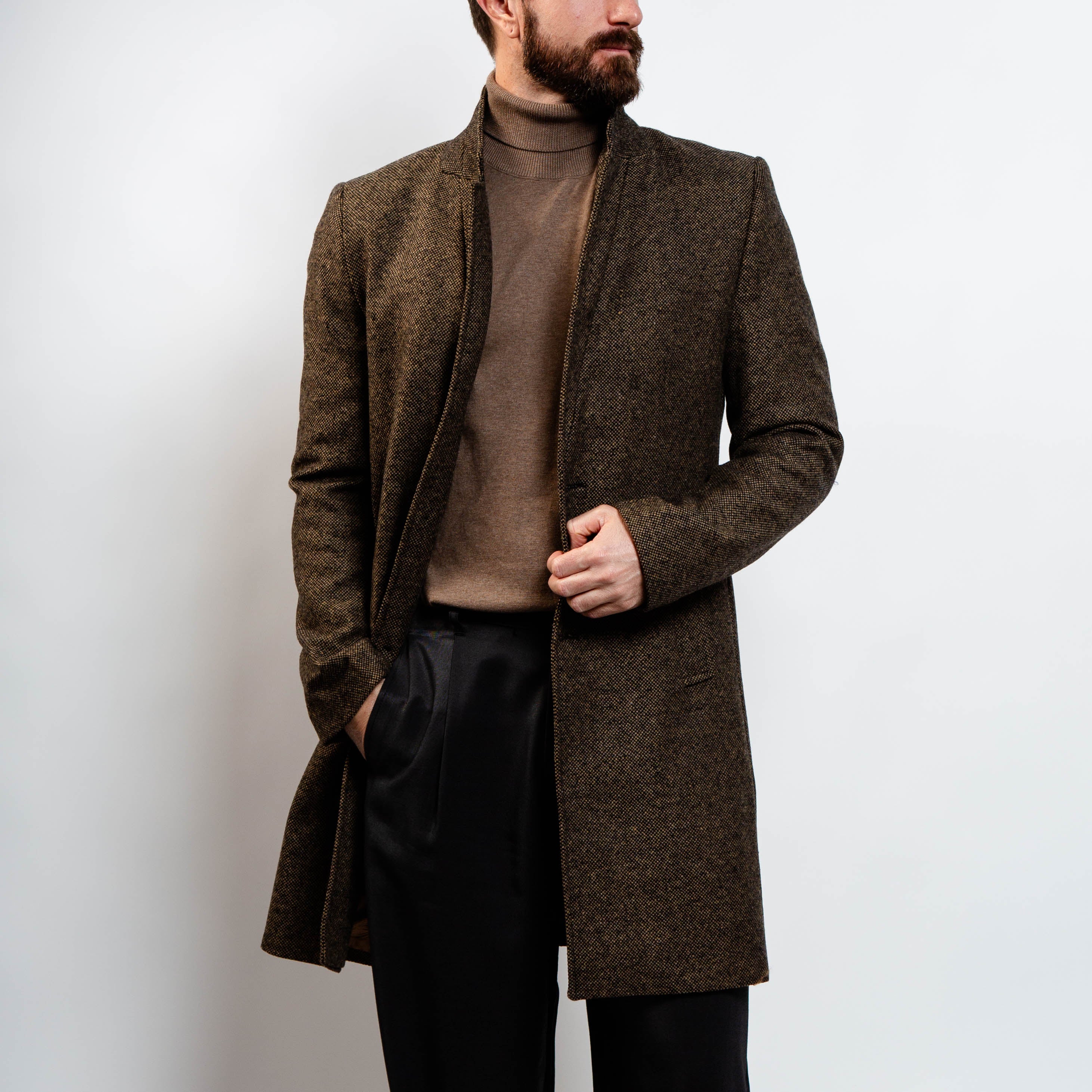 Chestnut brown wool herringbone peacoat for men