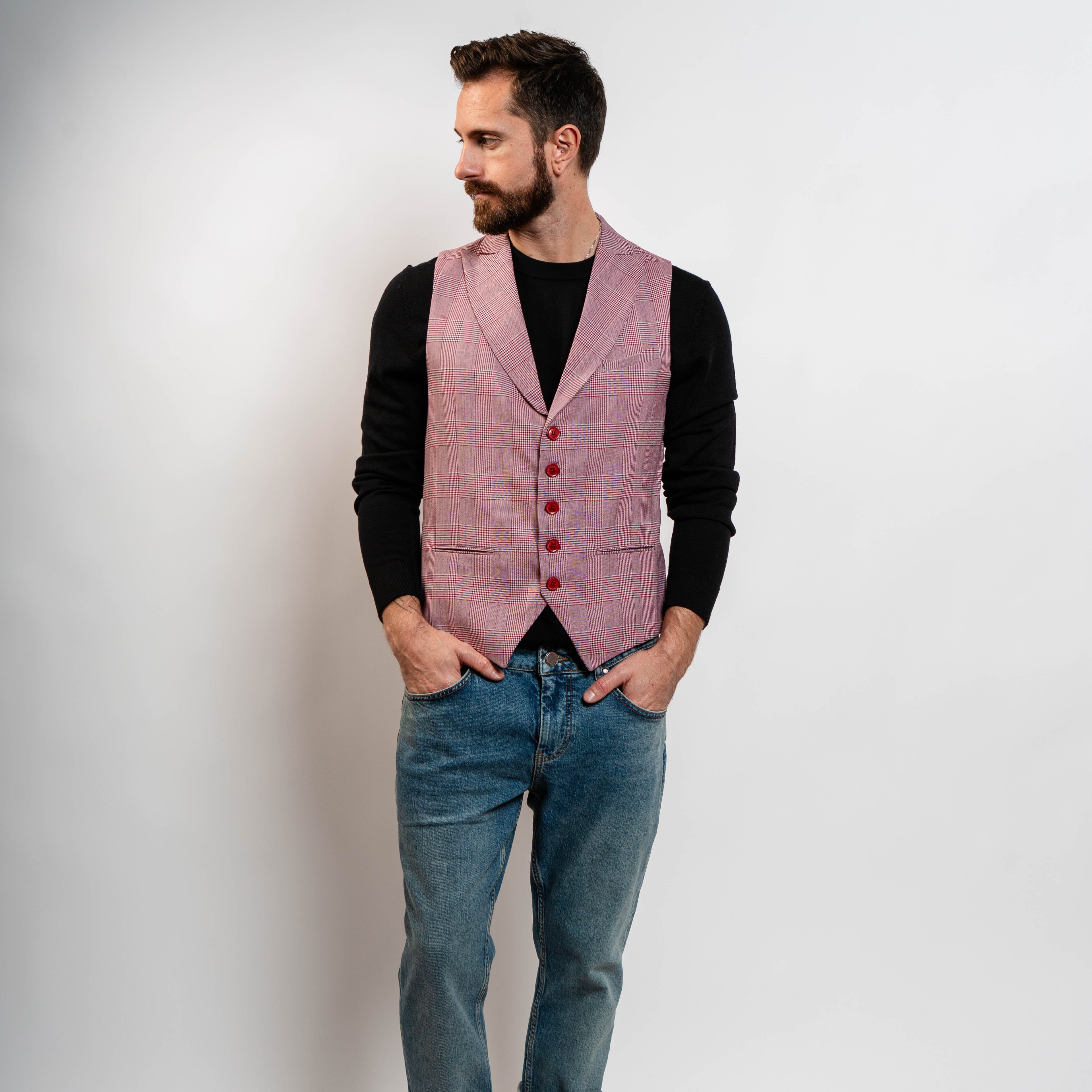 Men’s blush red checked cotton waistcoat