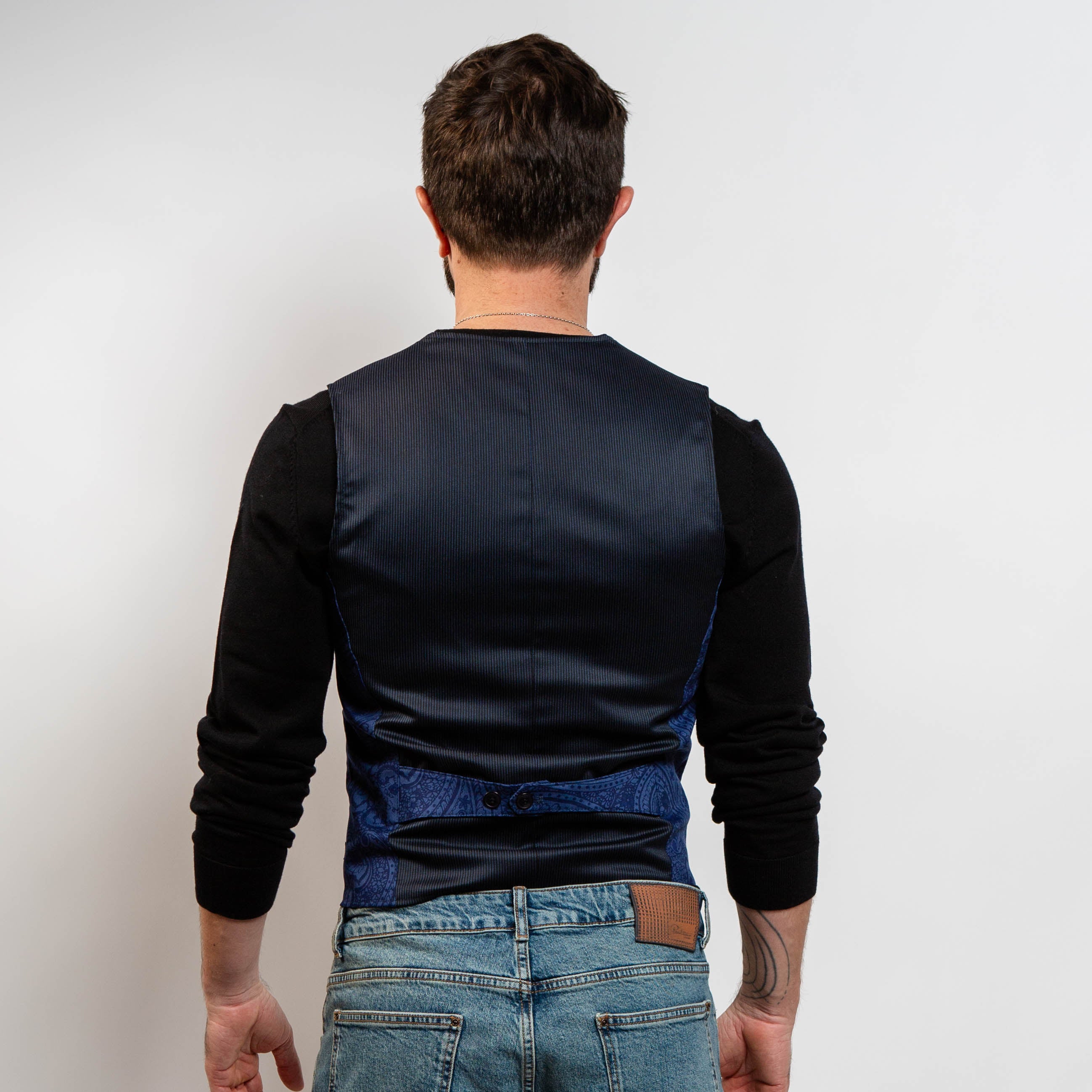 Blue paisley men’s vest with five-button front