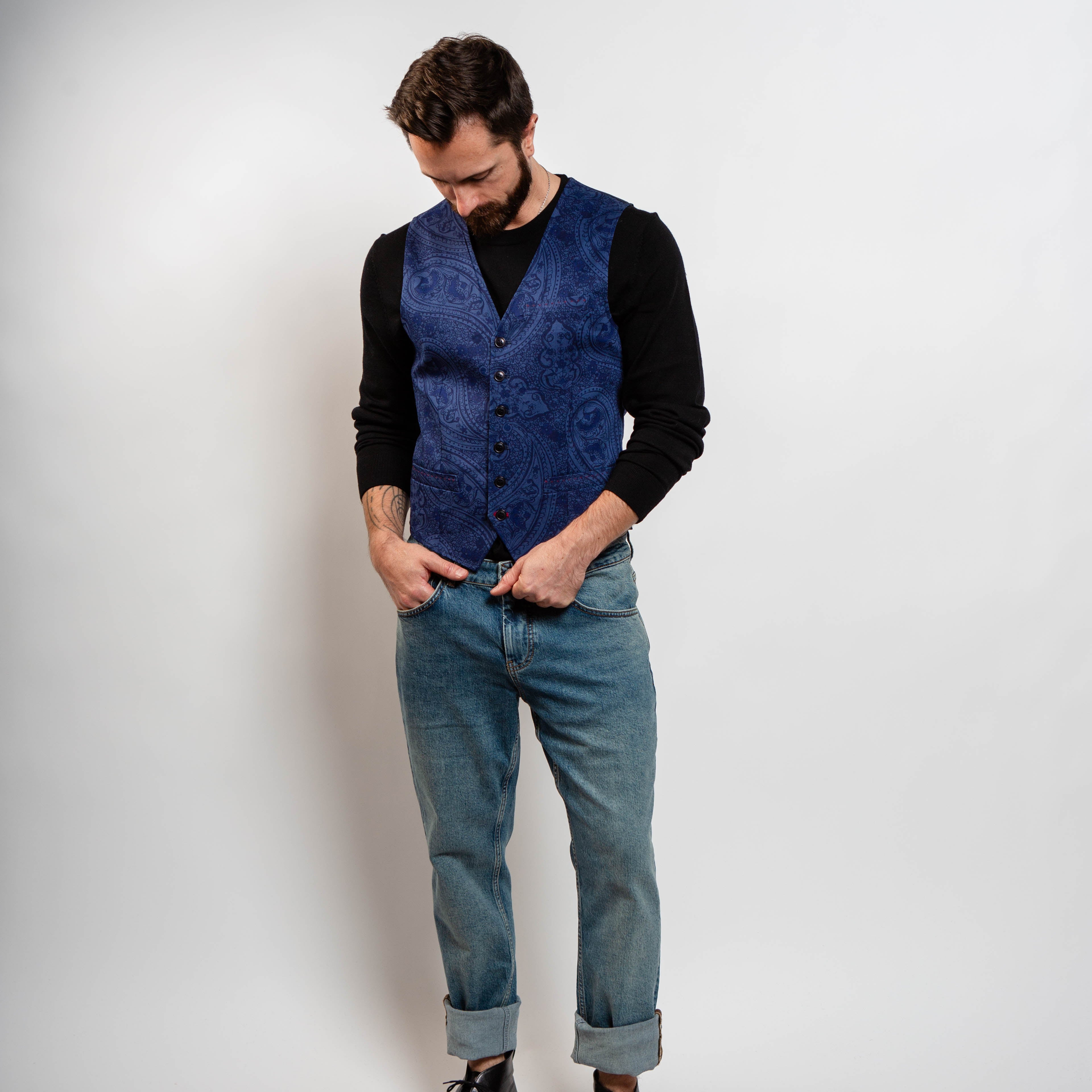 Men’s indigo blue paisley cotton waistcoat