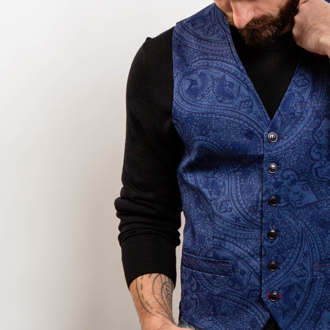 Men’s patterned cotton waistcoat – indigo tone