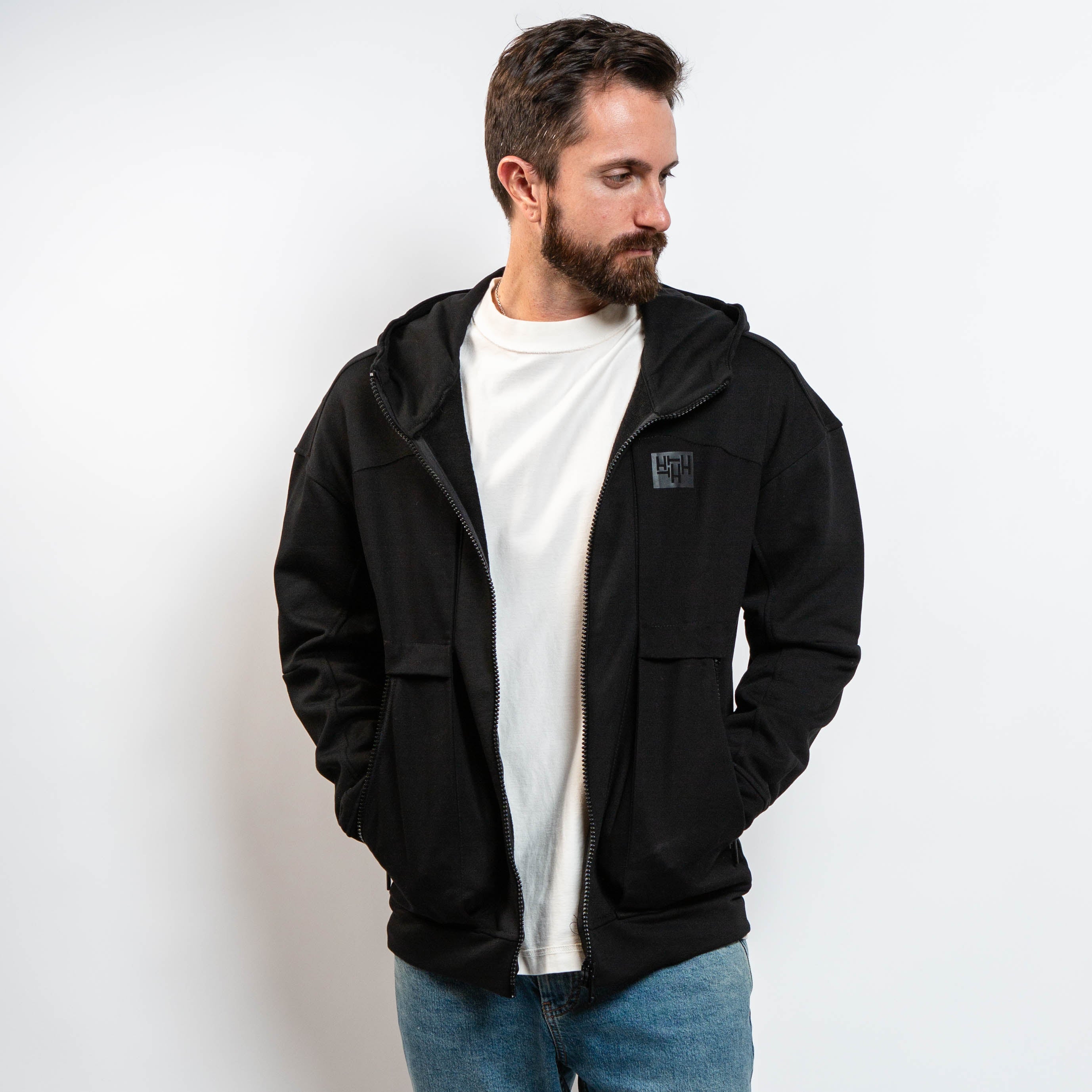 minimalist black hoodie with front pockets