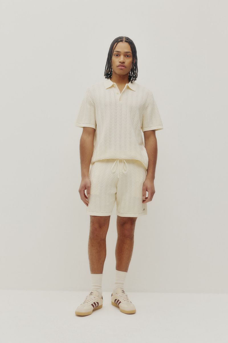 wave knit polo off white front view