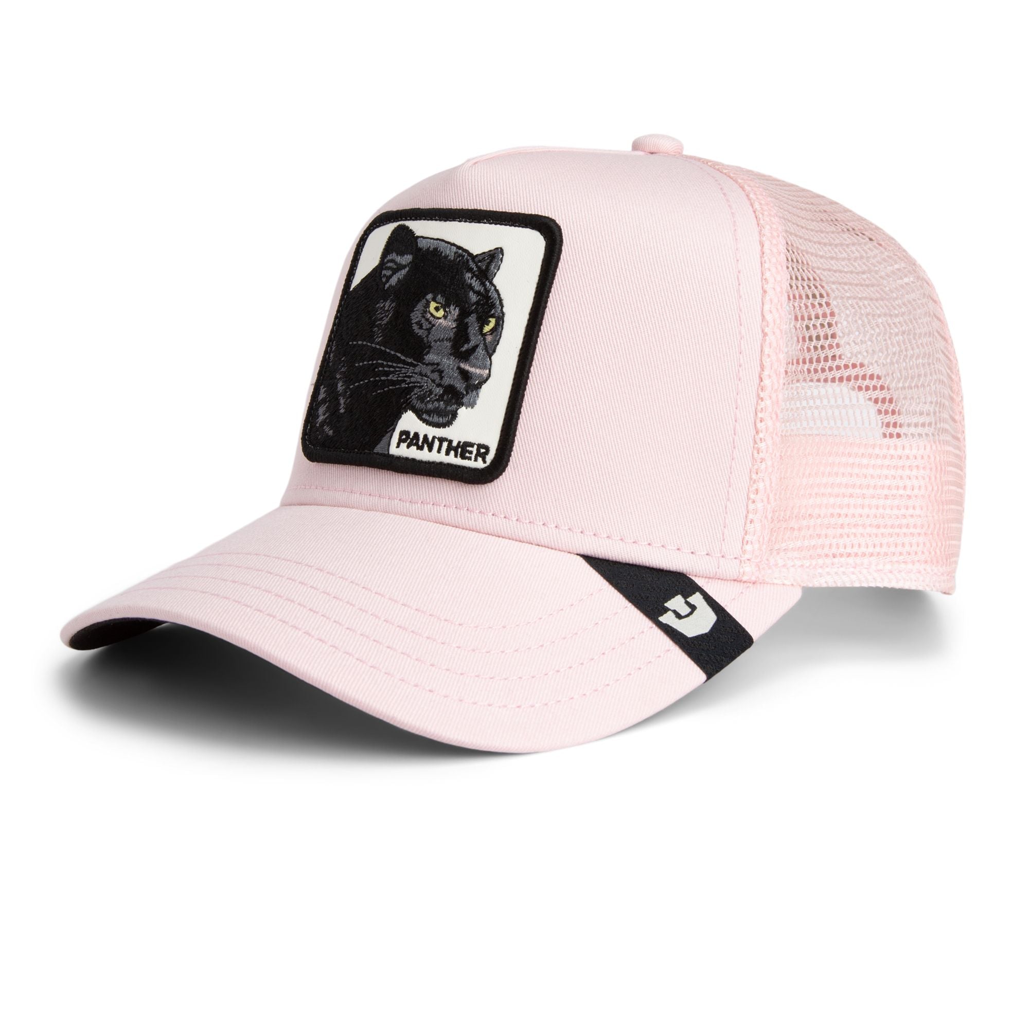 Light pink Goorin Bros trucker hat with mesh back featuring embroidered black panther patch labeled PANTHER on front panel
