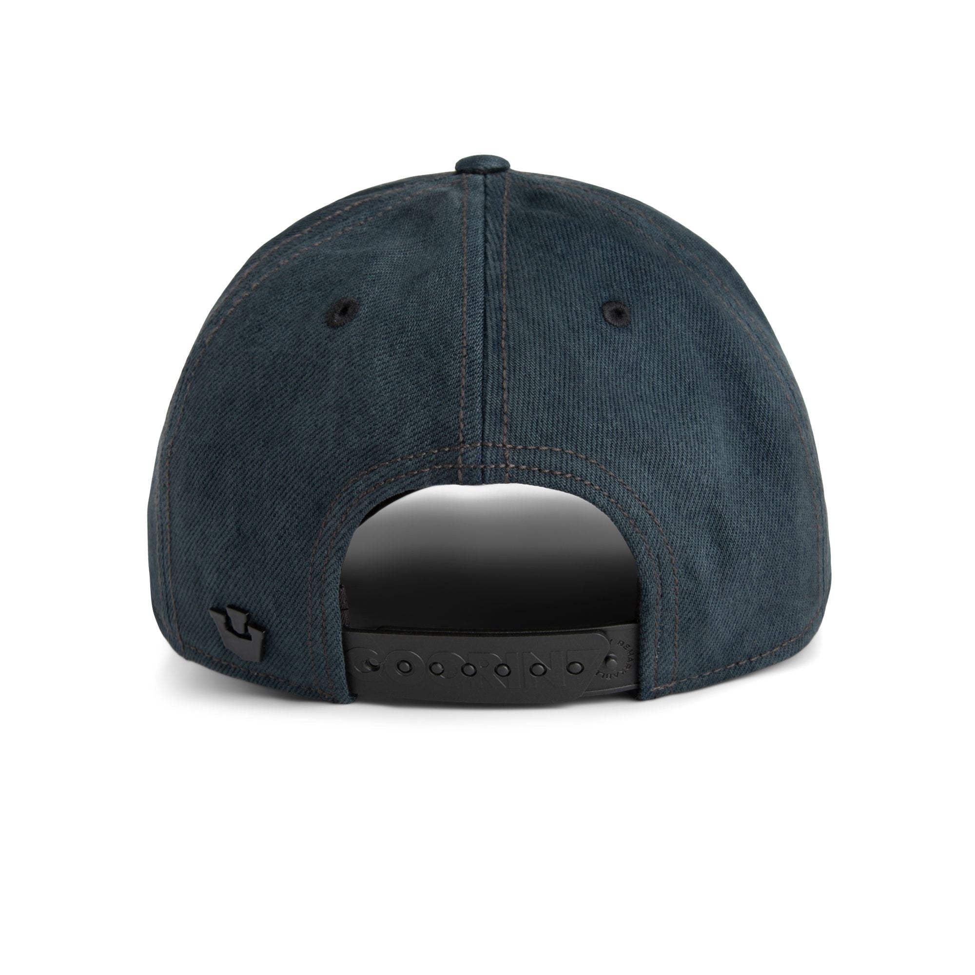 Navy blue Goorin Bros trucker hat featuring embroidered shark patch labeled SHARK on front panel
