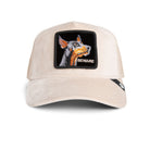 Beige Goorin Bros trucker hat with mesh back featuring embroidered Doberman patch labeled BEWARE on front panel
