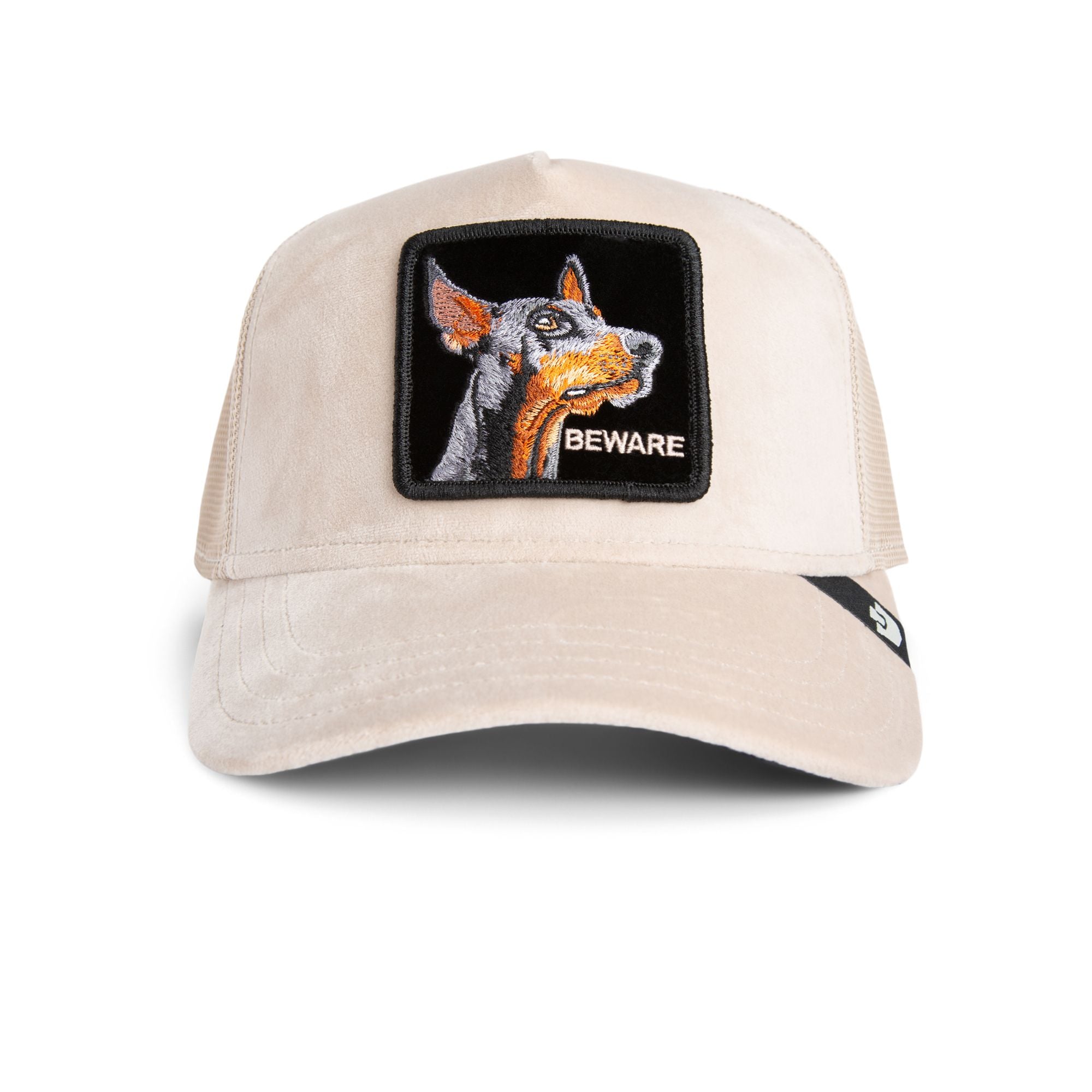 Beige Goorin Bros trucker hat with mesh back featuring embroidered Doberman patch labeled BEWARE on front panel
