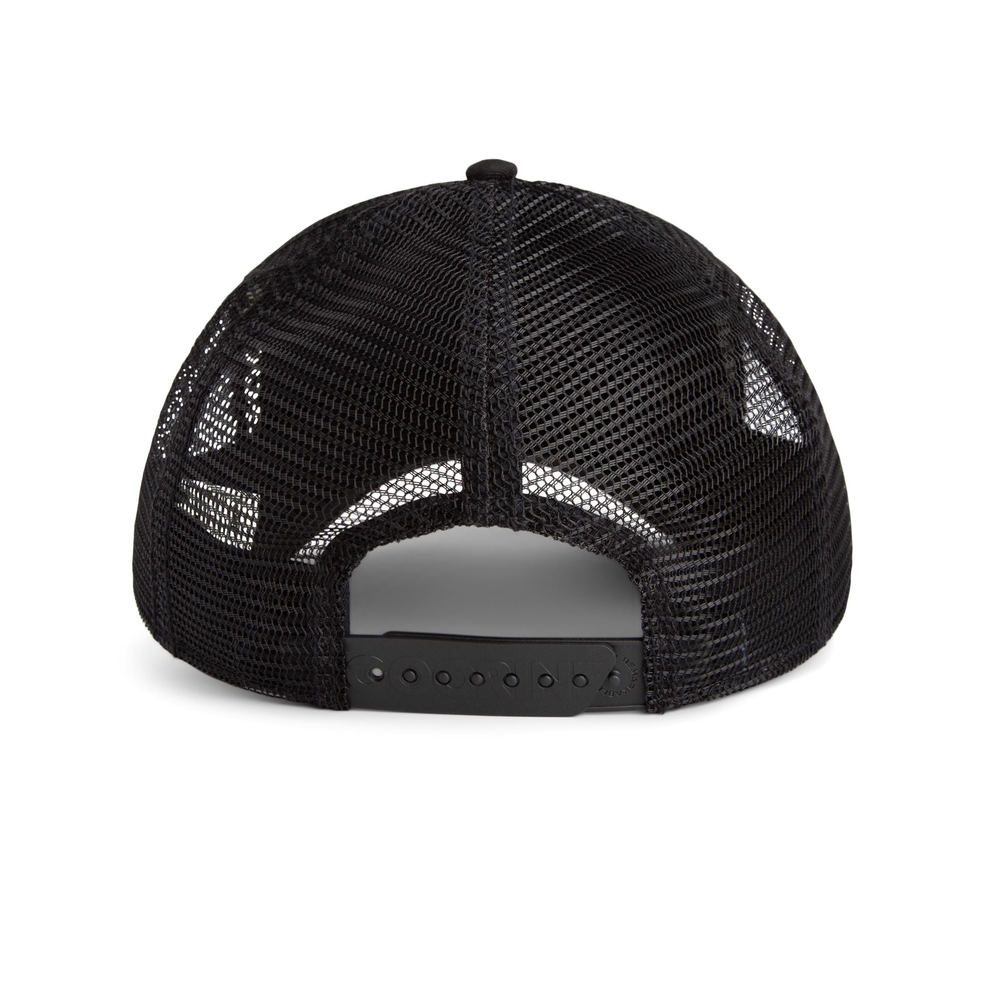 Goorin Bros Busy Bee Trucker Hat in black and white with embroidered bee patch
