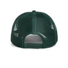 Dark green Goorin Bros trucker hat with mesh back featuring embroidered duck patch labeled LUCKY on front panel

