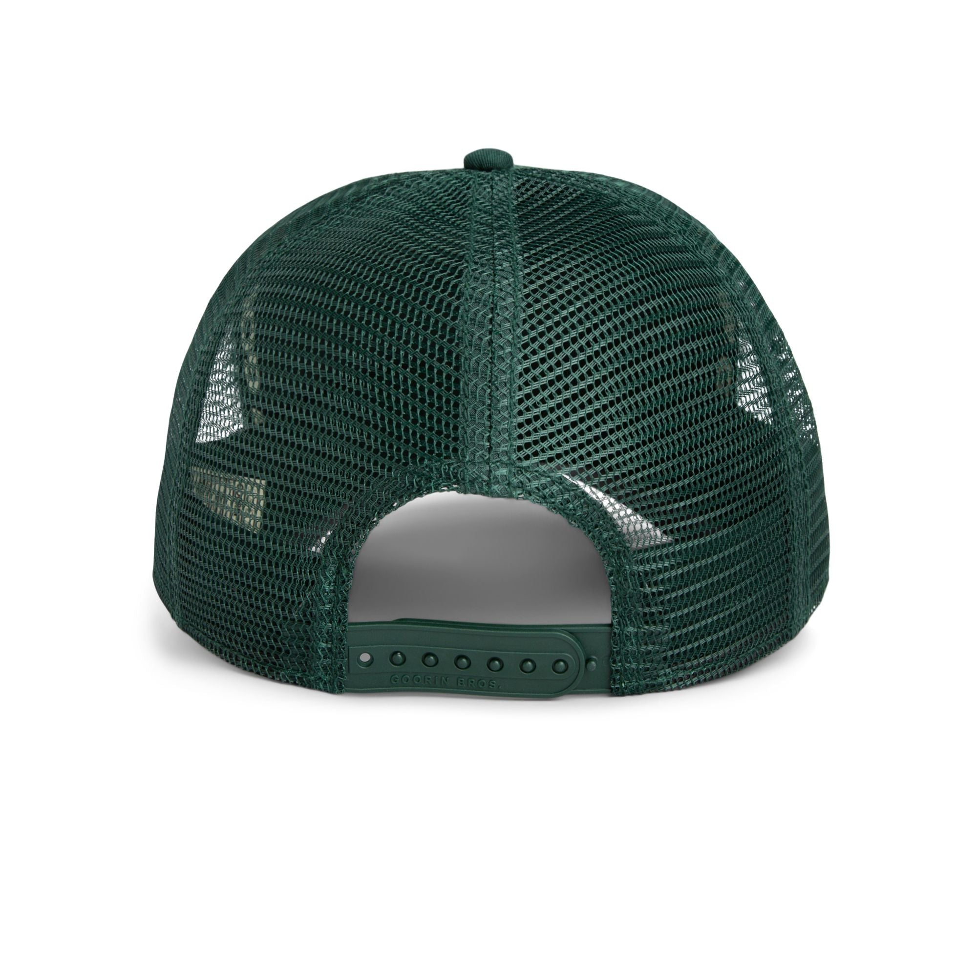 Dark green Goorin Bros trucker hat with mesh back featuring embroidered duck patch labeled LUCKY on front panel
