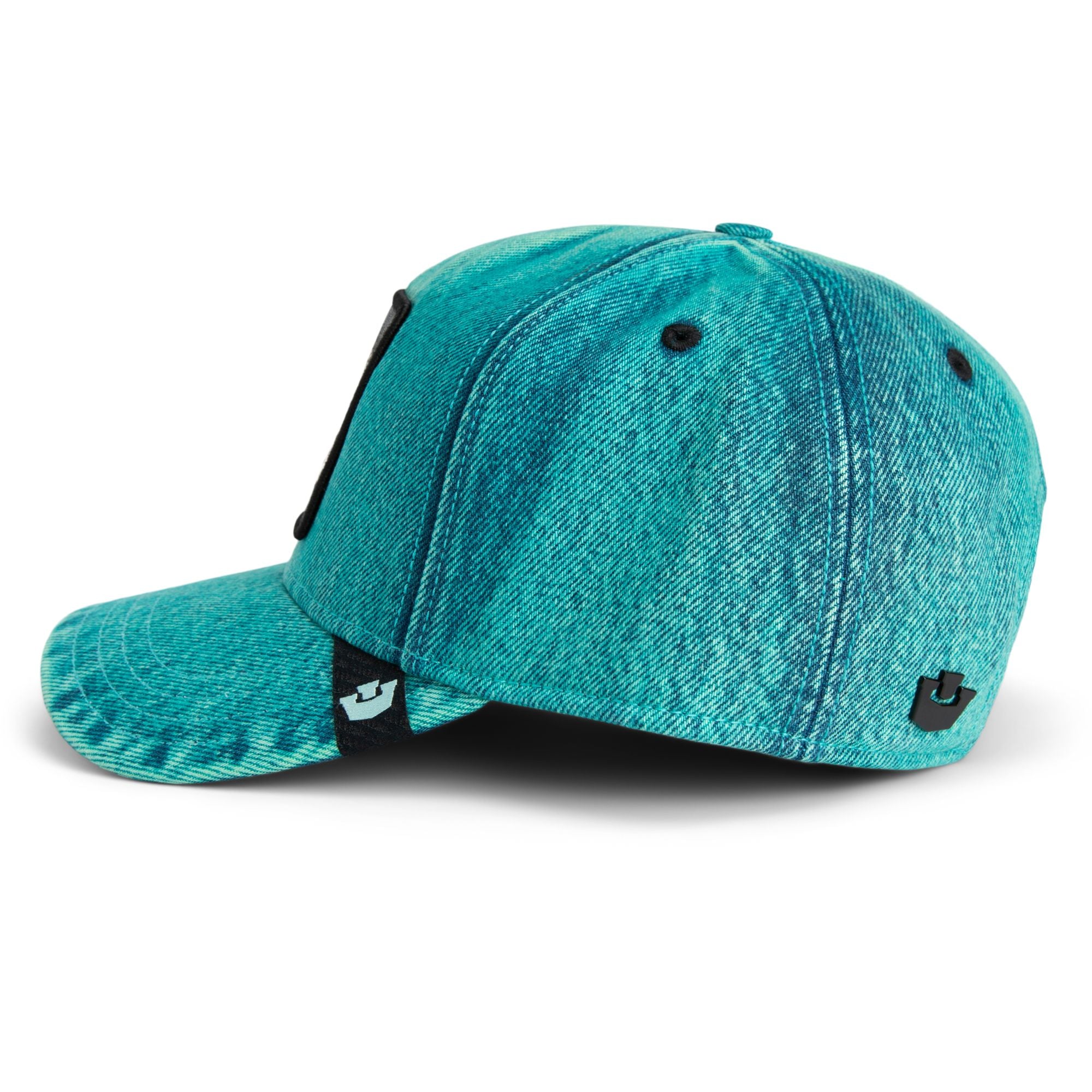 Goorin Bros Doomed Butterfly Trucker Hat in teal denim with embroidered butterfly patch
