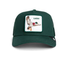 Dark green Goorin Bros trucker hat with mesh back featuring embroidered duck patch labeled LUCKY on front panel
