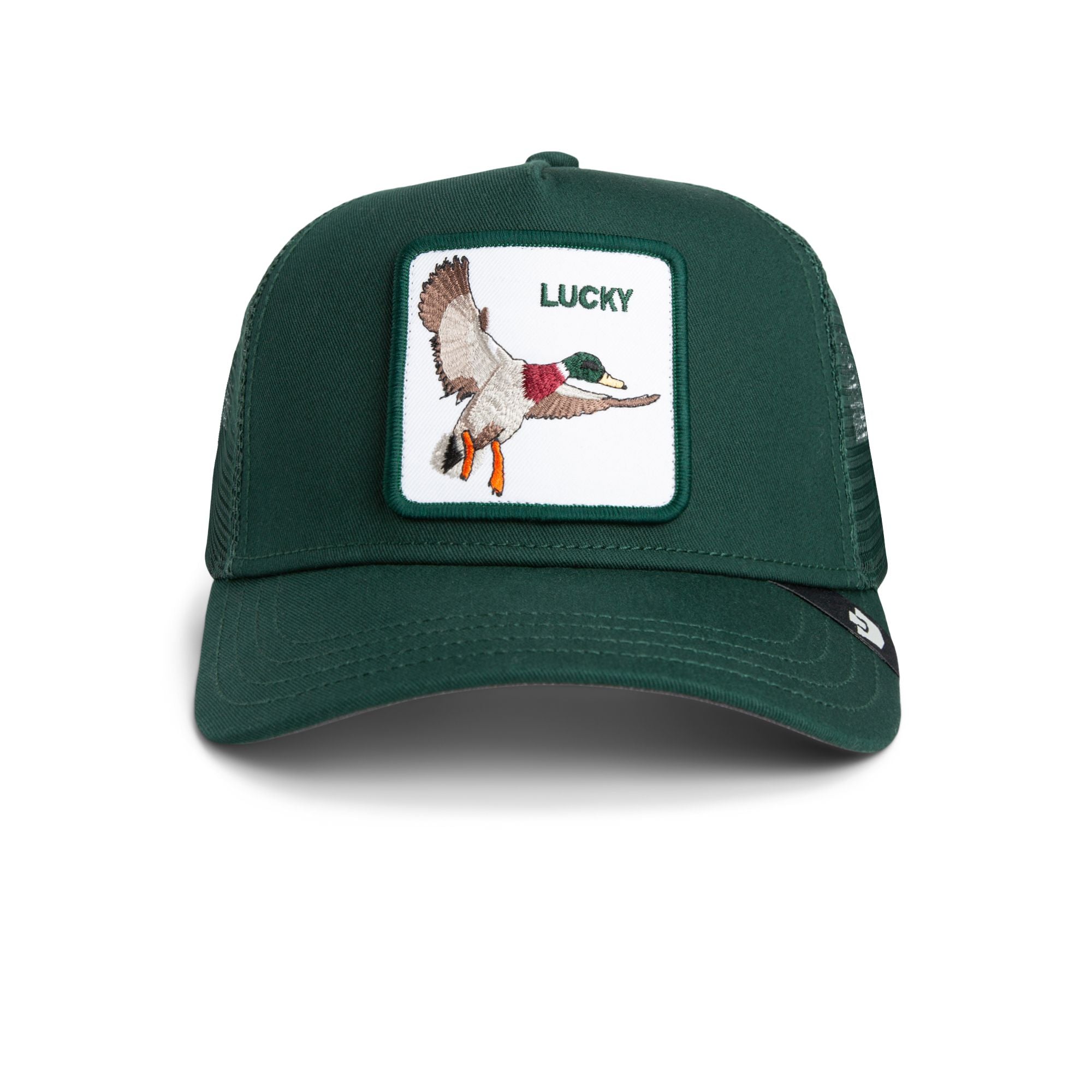 Dark green Goorin Bros trucker hat with mesh back featuring embroidered duck patch labeled LUCKY on front panel
