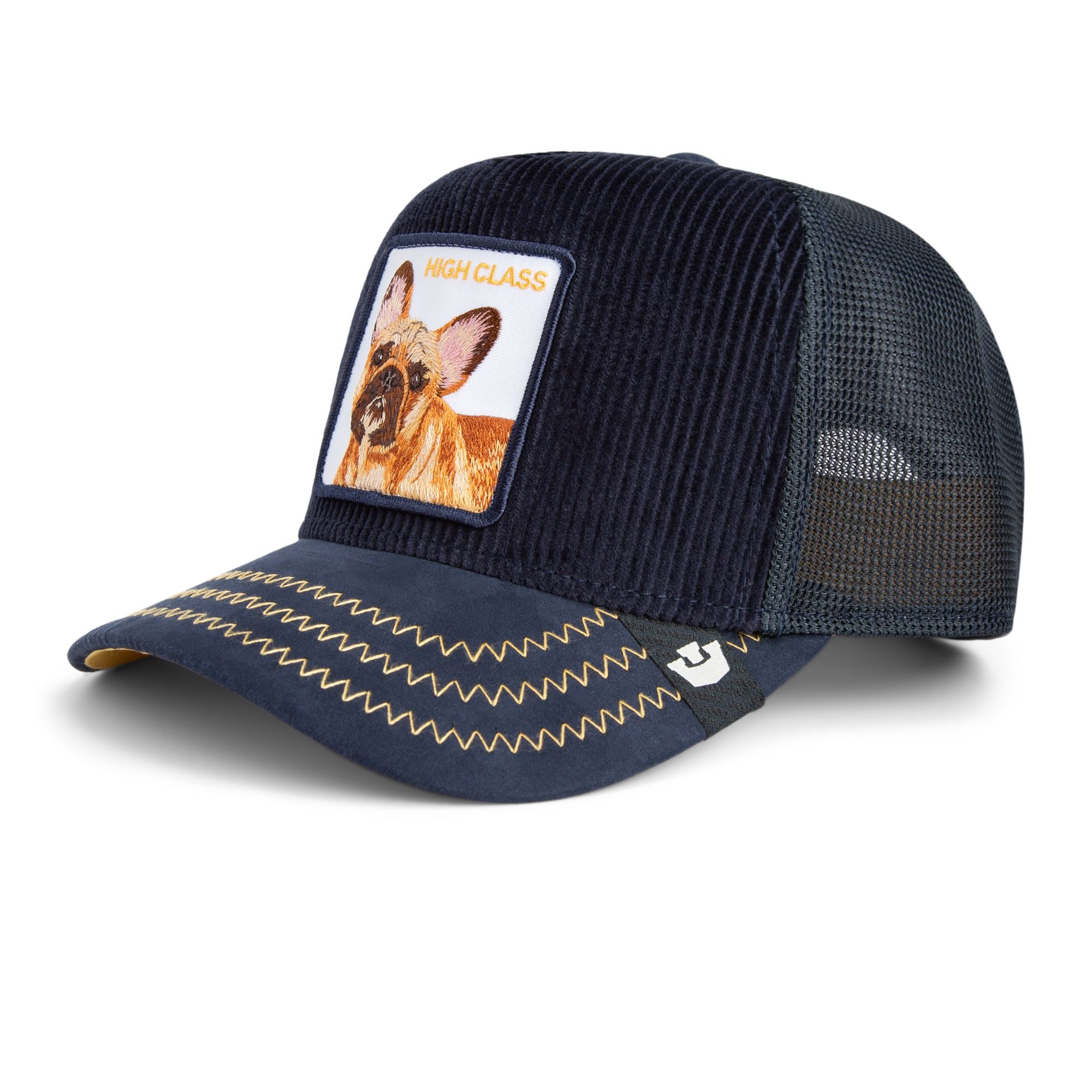 Goorin Bros High Class French Bulldog Trucker Hat in navy corduroy with embroidered dog patch
