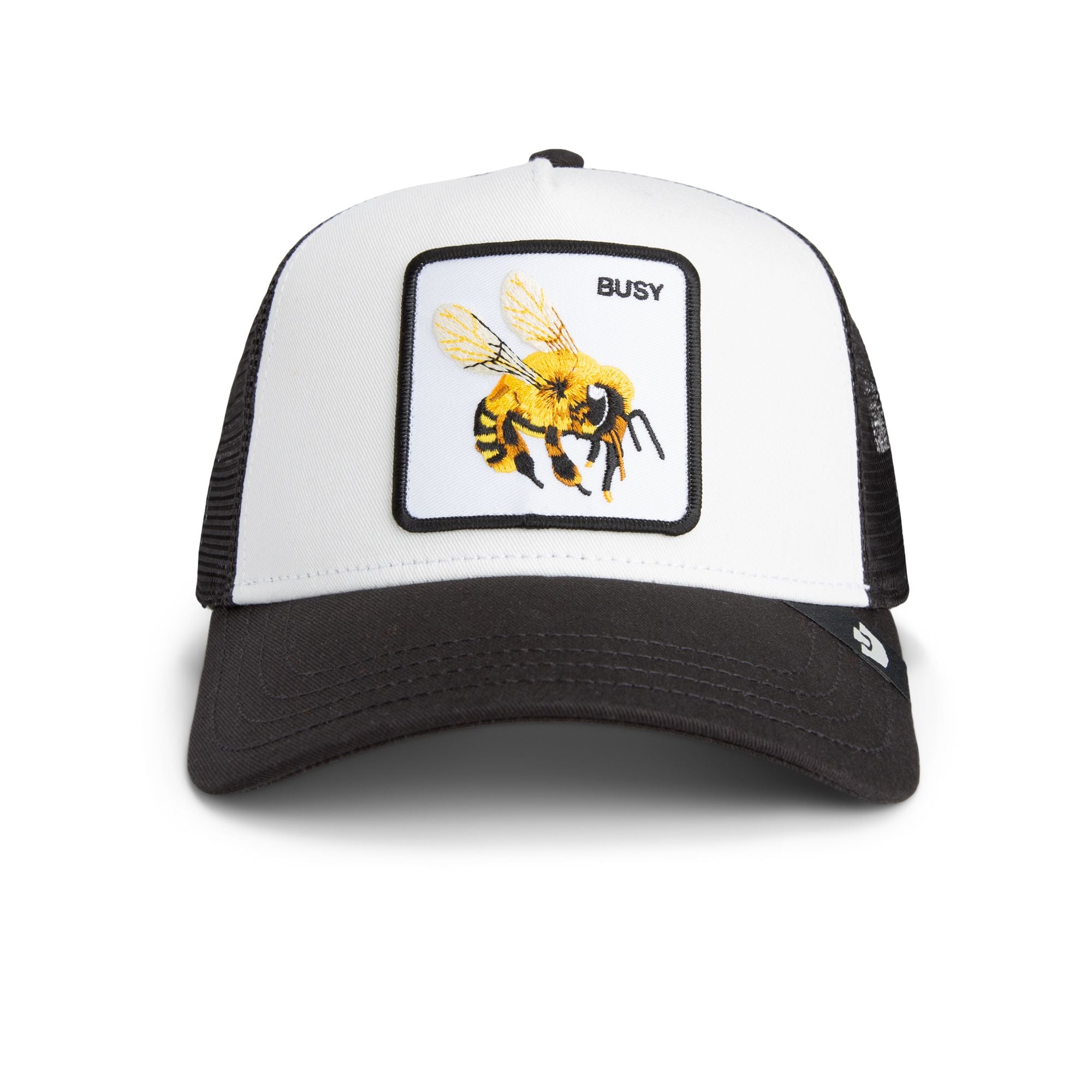 Goorin Bros Busy Bee Trucker Hat in black and white with embroidered bee patch
