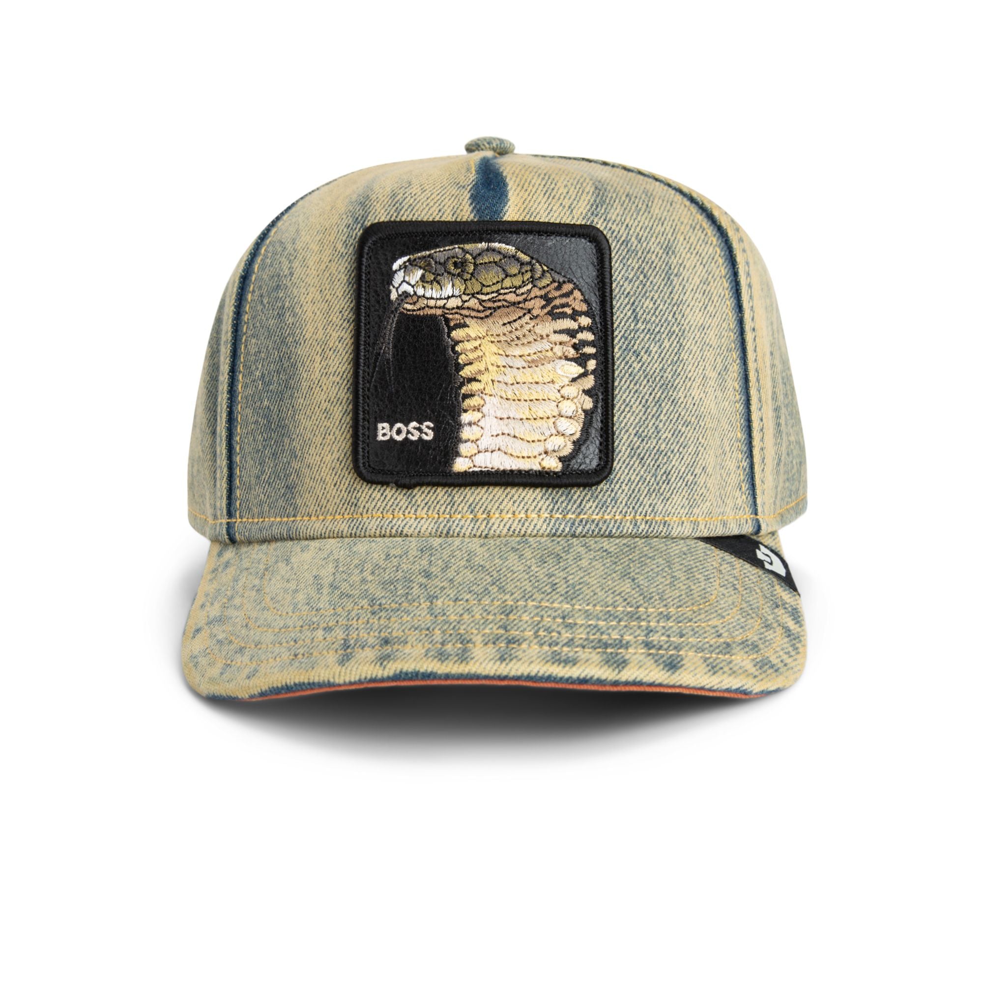 Goorin Bros Boss Cobra Trucker Hat with denim wash and embroidered snake patch