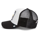 Goorin Bros Busy Bee Trucker Hat in black and white with embroidered bee patch
