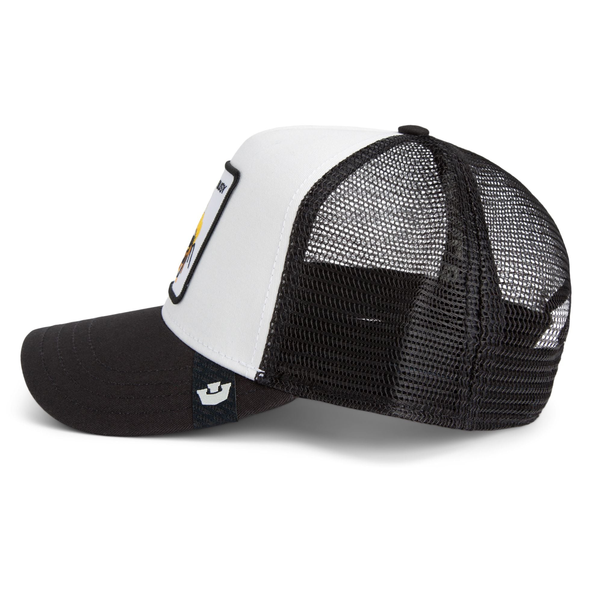 Goorin Bros Busy Bee Trucker Hat in black and white with embroidered bee patch
